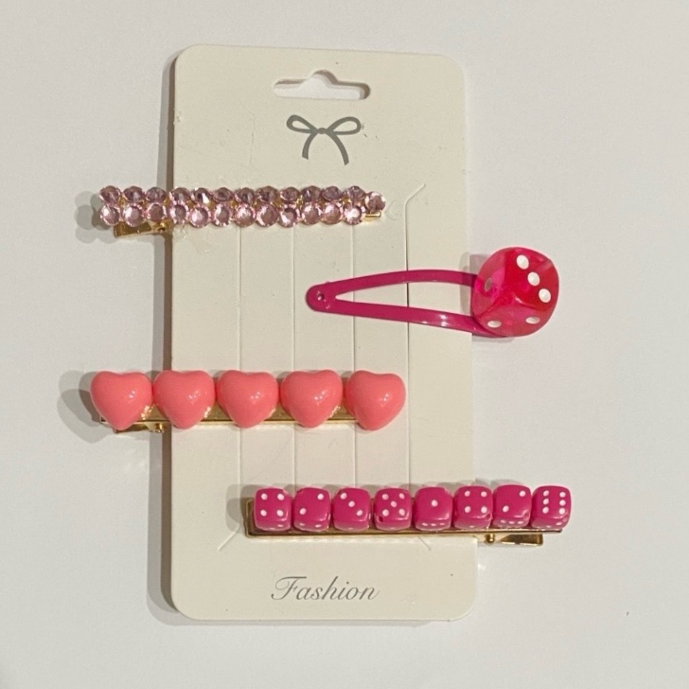 Y2K Pink Dice & Heart Hair Clip Set – 4pc